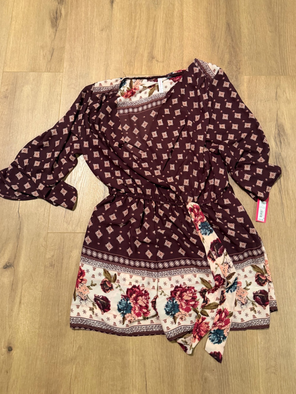 Xhilaration Burgundy Floral Border Mini Wrap Dress